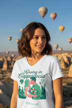 Woman wearing a t-shirt with 'Kissing in Cappadocia' design, standing in front of hot air balloons.