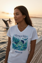 girl looking at whales white white design t-shirt